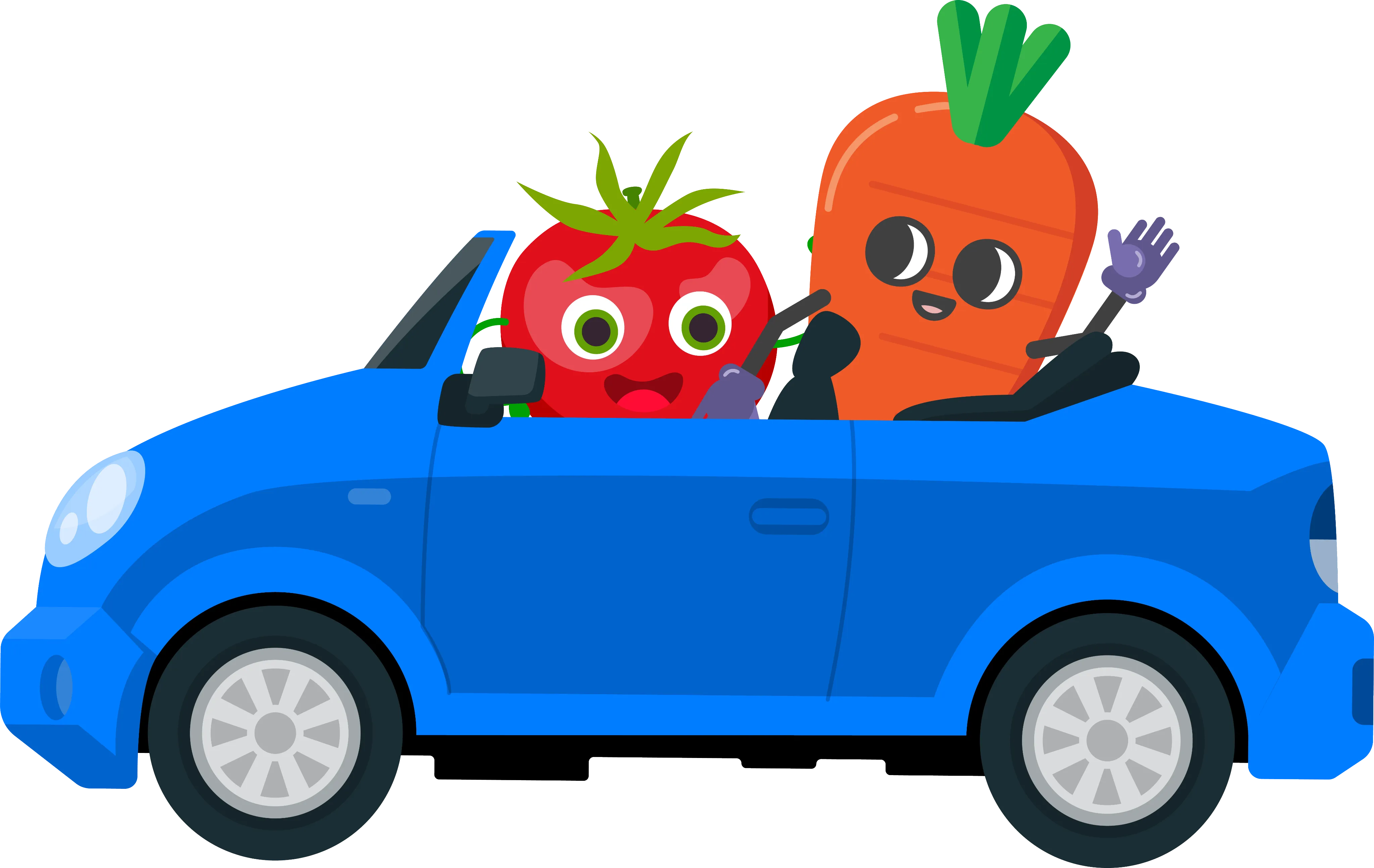 2D animated characters in a car